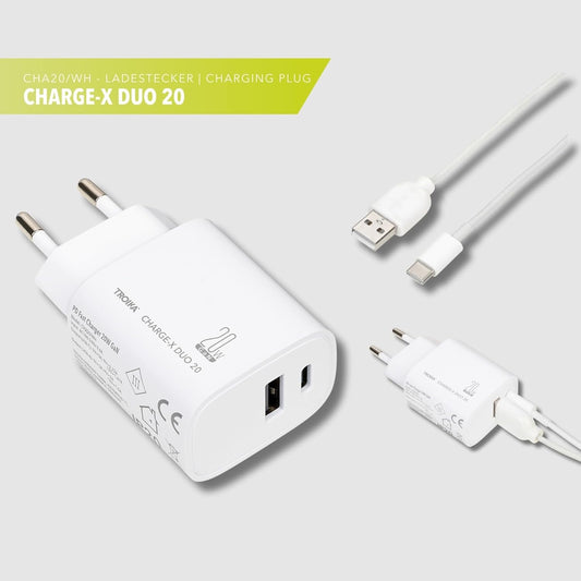 TROIKA Charge-X Duo 20, Ladestecker, 20W, USB-C & USB-A, gleichzeitiges Laden, GaN Schnellladung, Kunststoff, weiß.