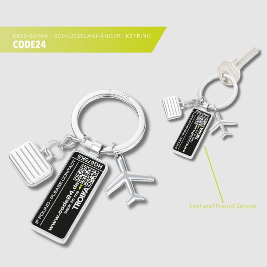 TROIKA Schlüsselanhänger CODE24, Adressanhänger, 3 Charms: Flugzeug, Koffer, Plakette, inkl. 2 Jahre Fundservice, verchromt, silber.