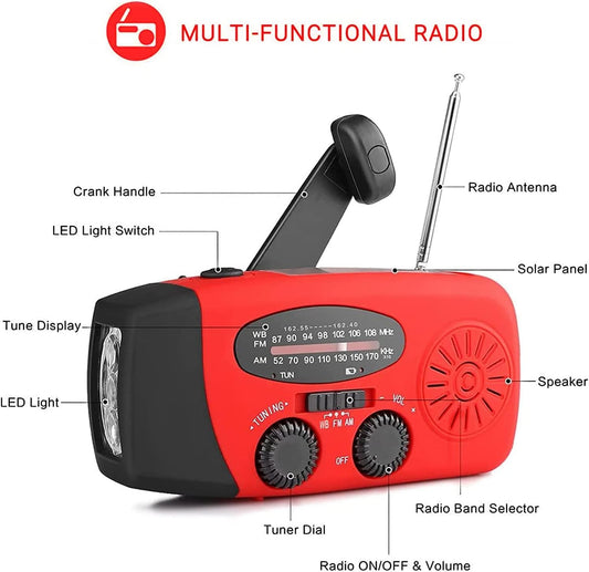 Krisskydd KSR097 Notfall-Solarradio, tragbares Kurbelradio mit LED-Taschenlampe, 2000mAh Akku, AM/FM, SOS-Alarm, USB-Ladegerät, für Outdoor