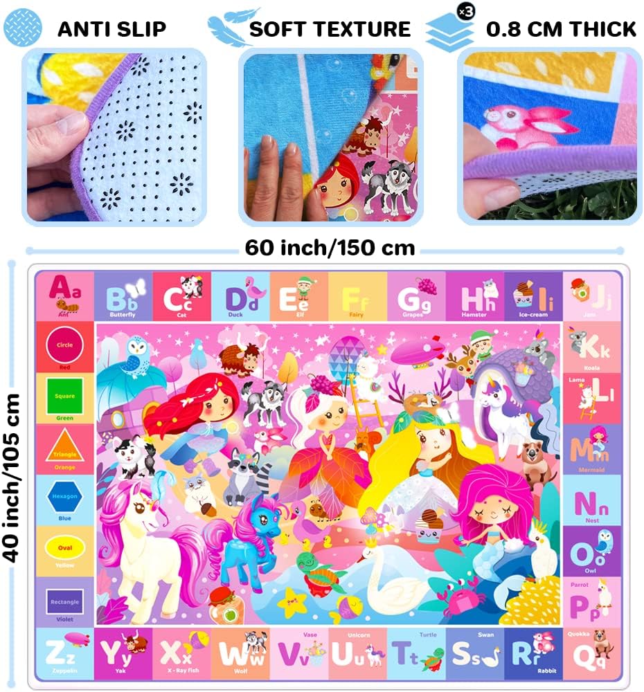 QUOKKA ABC-Spielmatte für Babys und Kleinkinder, superweich, extra dick 0,8 cm, großer Alphabet-Teppich mit Einhorn-Prinzessin