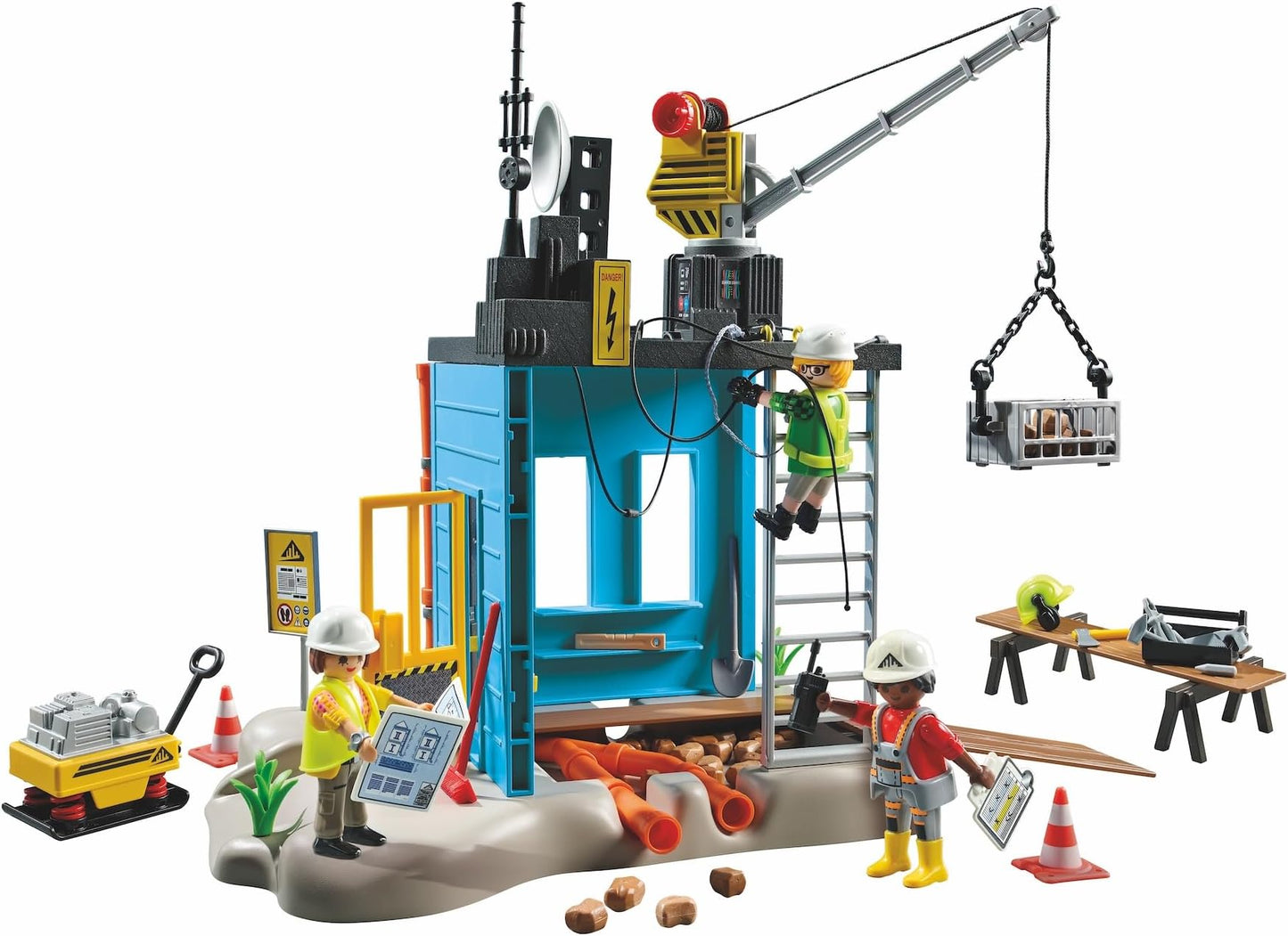 PLAYMOBIL 71650 Action Heroes Baustelle, Set mit 3 Figuren, beweglichem Kran, Zubehör, Spielset ab 4 Jahren