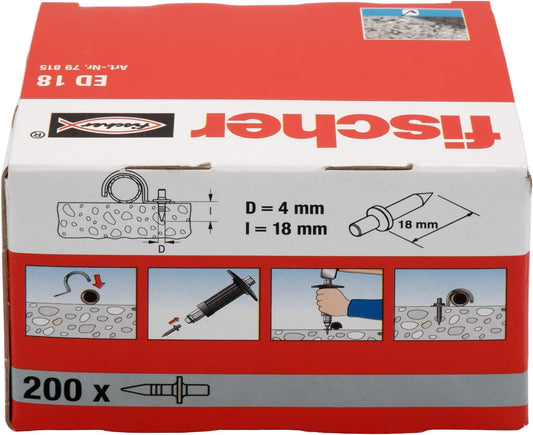 fischer Einschlagnagel ED 18, 200 Stück, grauer Nageldübel, schnelle Montage ohne Vorbohren