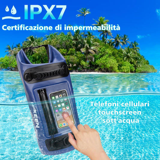 Bosteady 10L Rucksack, wasserdicht, Touchscreen-Hülle, Reißverschluss, ideal für Camping und Kajak, 3 Ringe, Blau.