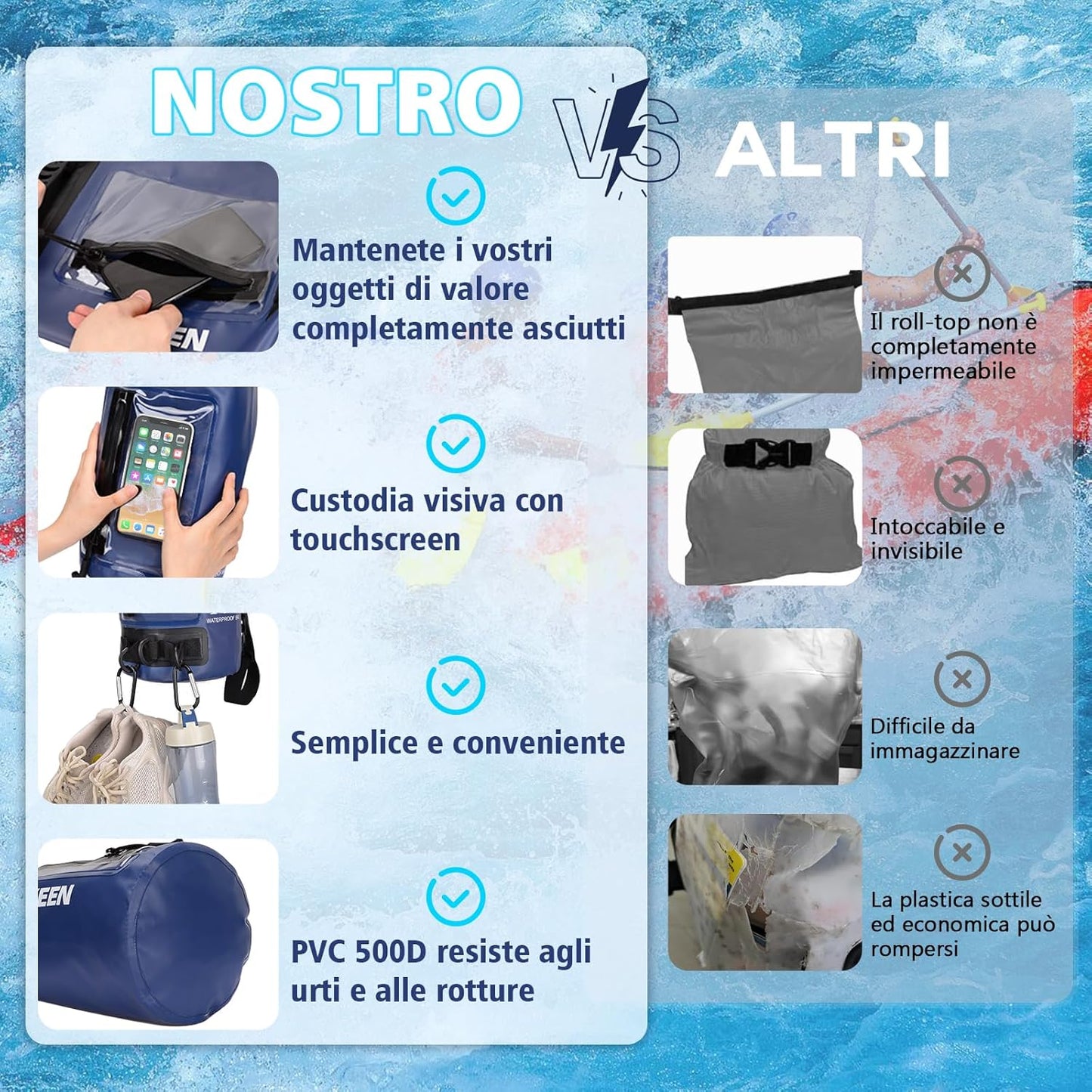 Bosteady 10L Rucksack, wasserdicht, Touchscreen-Hülle, Reißverschluss, ideal für Camping und Kajak, 3 Ringe, Blau.