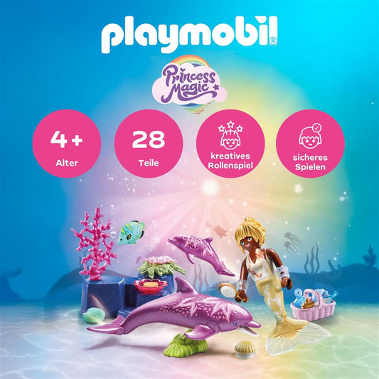 PLAYMOBIL Princess Magic 71501 Meerjungfrau-Set mit Delfinmama und Baby, Zubehör, fantasievolles Spielzeug ab 4 Jahren