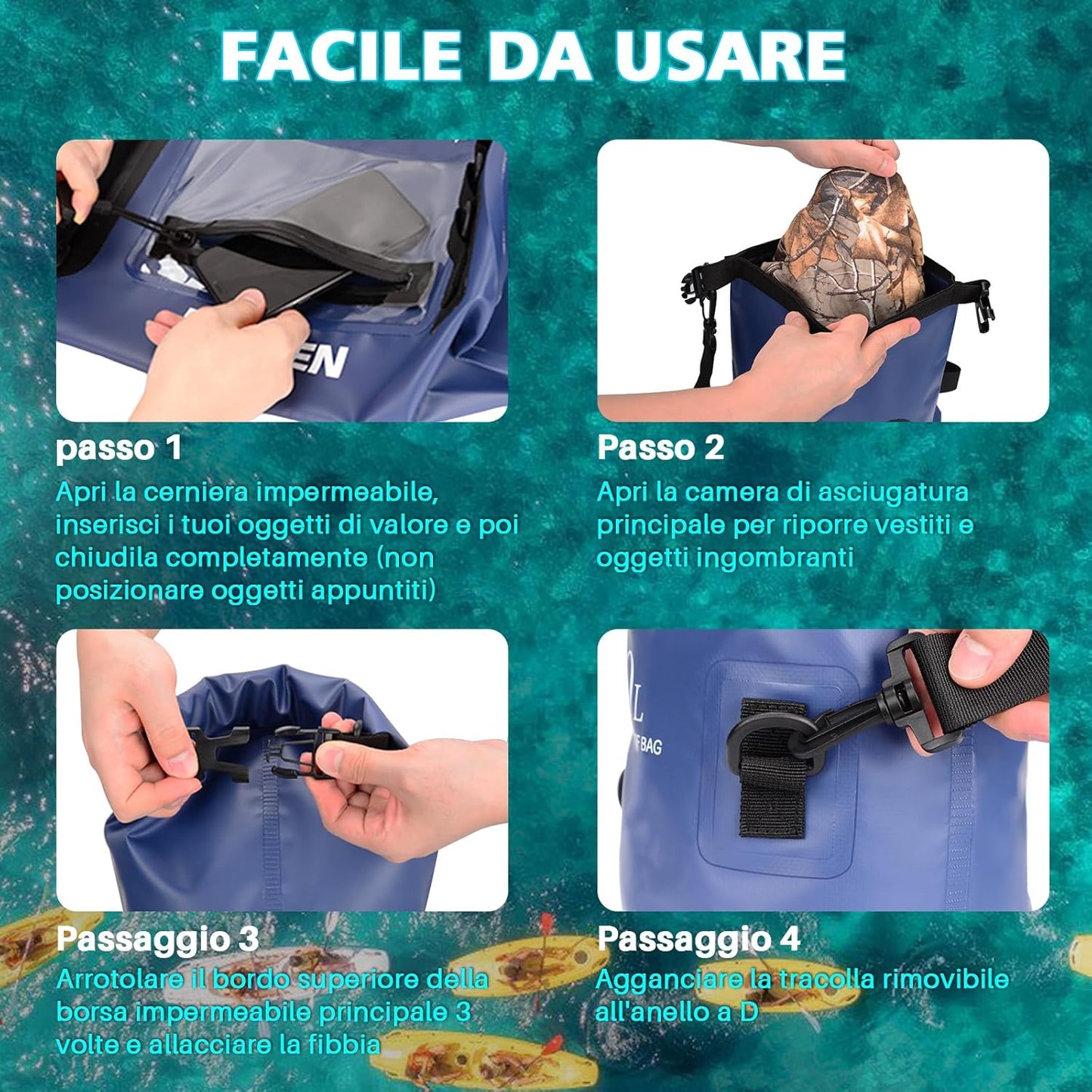 Bosteady 10L Rucksack, wasserdicht, Touchscreen-Hülle, Reißverschluss, ideal für Camping und Kajak, 3 Ringe, Blau.