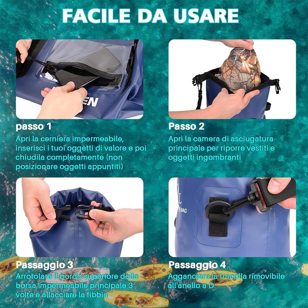 Bosteady 10L Rucksack, wasserdicht, Touchscreen-Hülle, Reißverschluss, ideal für Camping und Kajak, 3 Ringe, Blau.