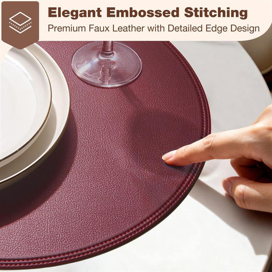 Tischset 6er-Set rund, PU-Kunstleder, wasserdicht, abwischbar, rutschfest, dick, vintage, knitterfrei, burgunderrot, Küche/Esstisch