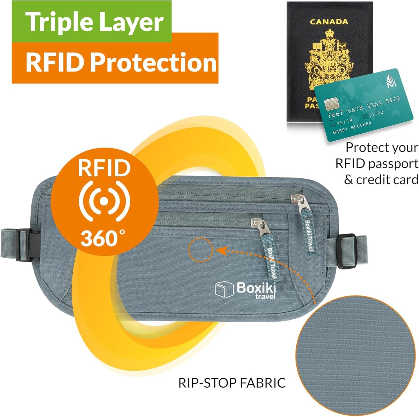 Boxiki Reise Geldgürtel, RFID-Block, für Pass, Brieftasche, Telefon, unisex, grau, ideal für Reisen, sicher und praktisch.