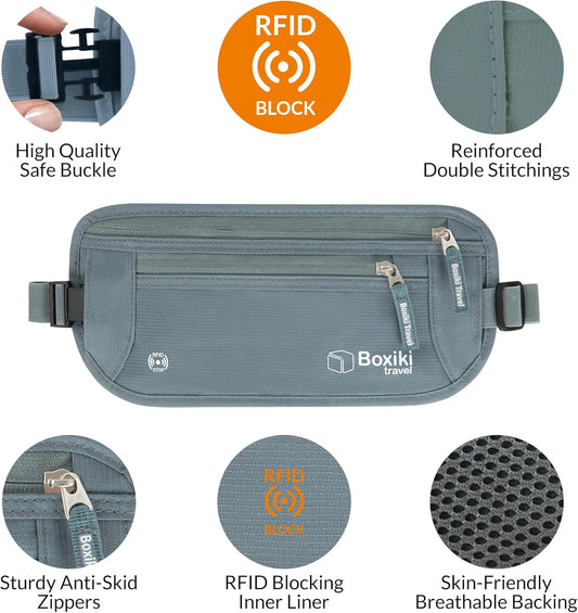 Boxiki Reise Geldgürtel, RFID-Block, für Pass, Brieftasche, Telefon, unisex, grau, ideal für Reisen, sicher und praktisch.