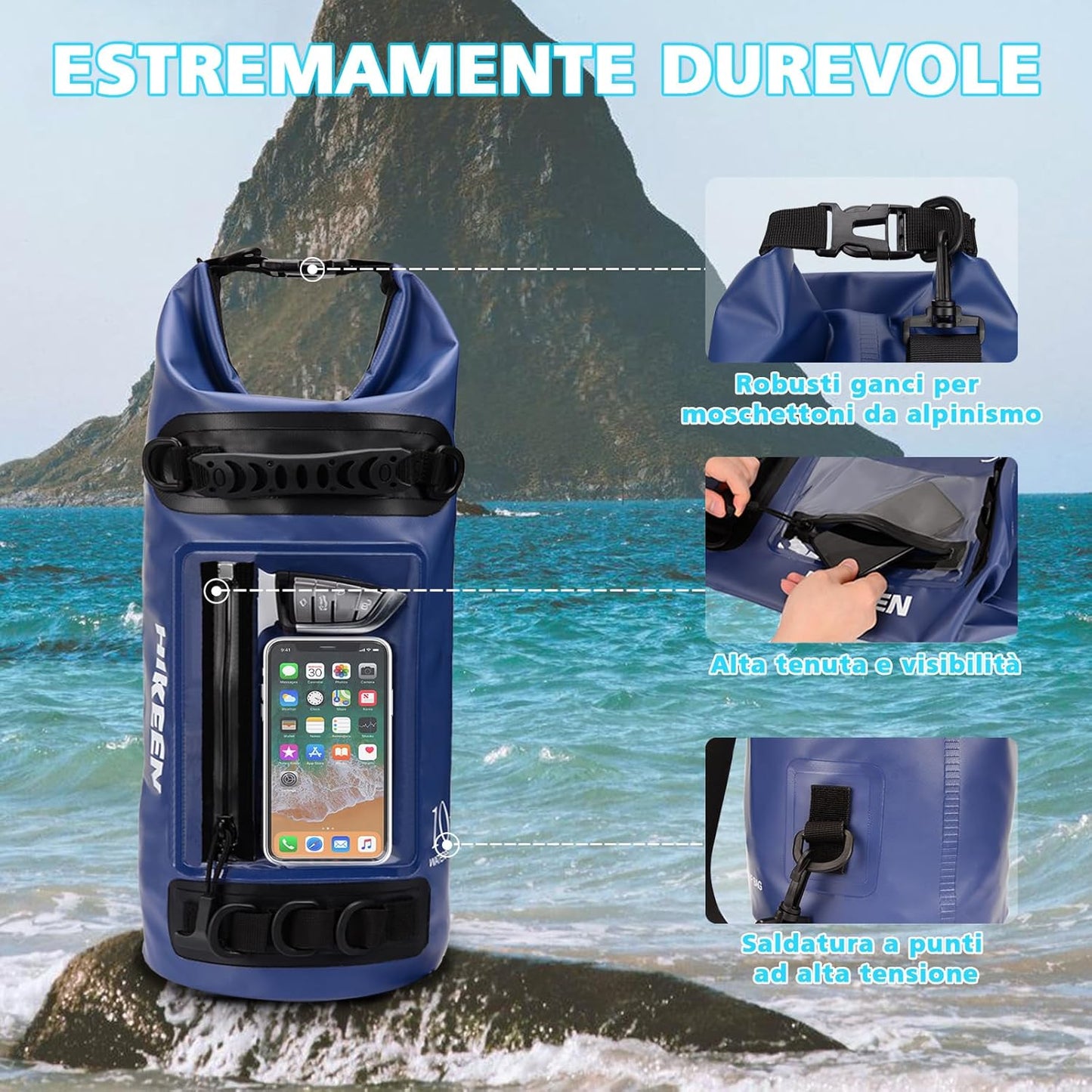 Bosteady 10L Rucksack, wasserdicht, Touchscreen-Hülle, Reißverschluss, ideal für Camping und Kajak, 3 Ringe, Blau.