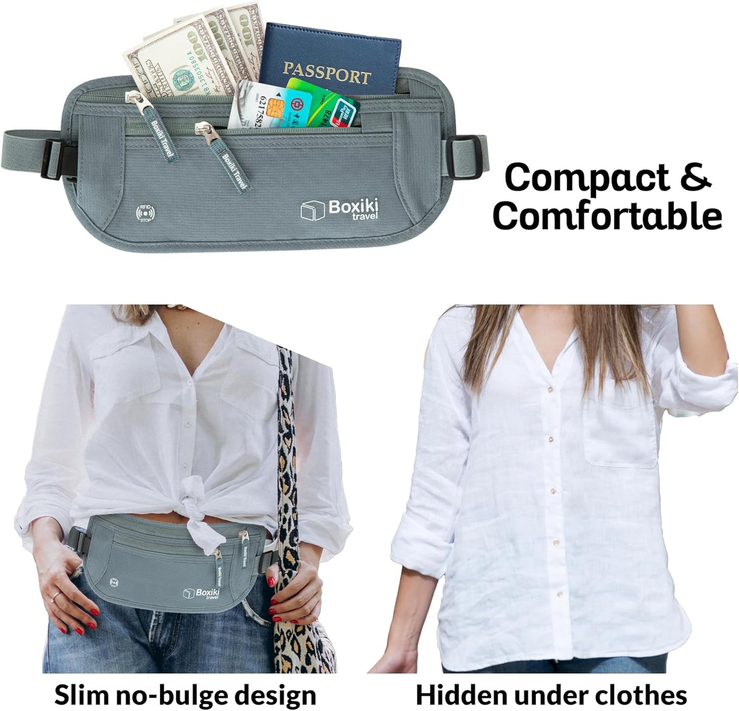 Boxiki Reise Geldgürtel, RFID-Block, für Pass, Brieftasche, Telefon, unisex, grau, ideal für Reisen, sicher und praktisch.