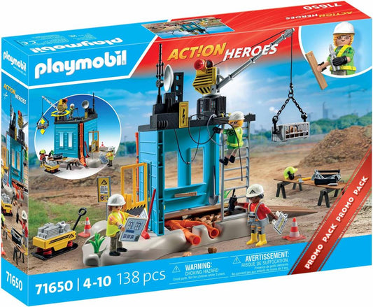 PLAYMOBIL 71650 Action Heroes Baustelle, Set mit 3 Figuren, beweglichem Kran, Zubehör, Spielset ab 4 Jahren
