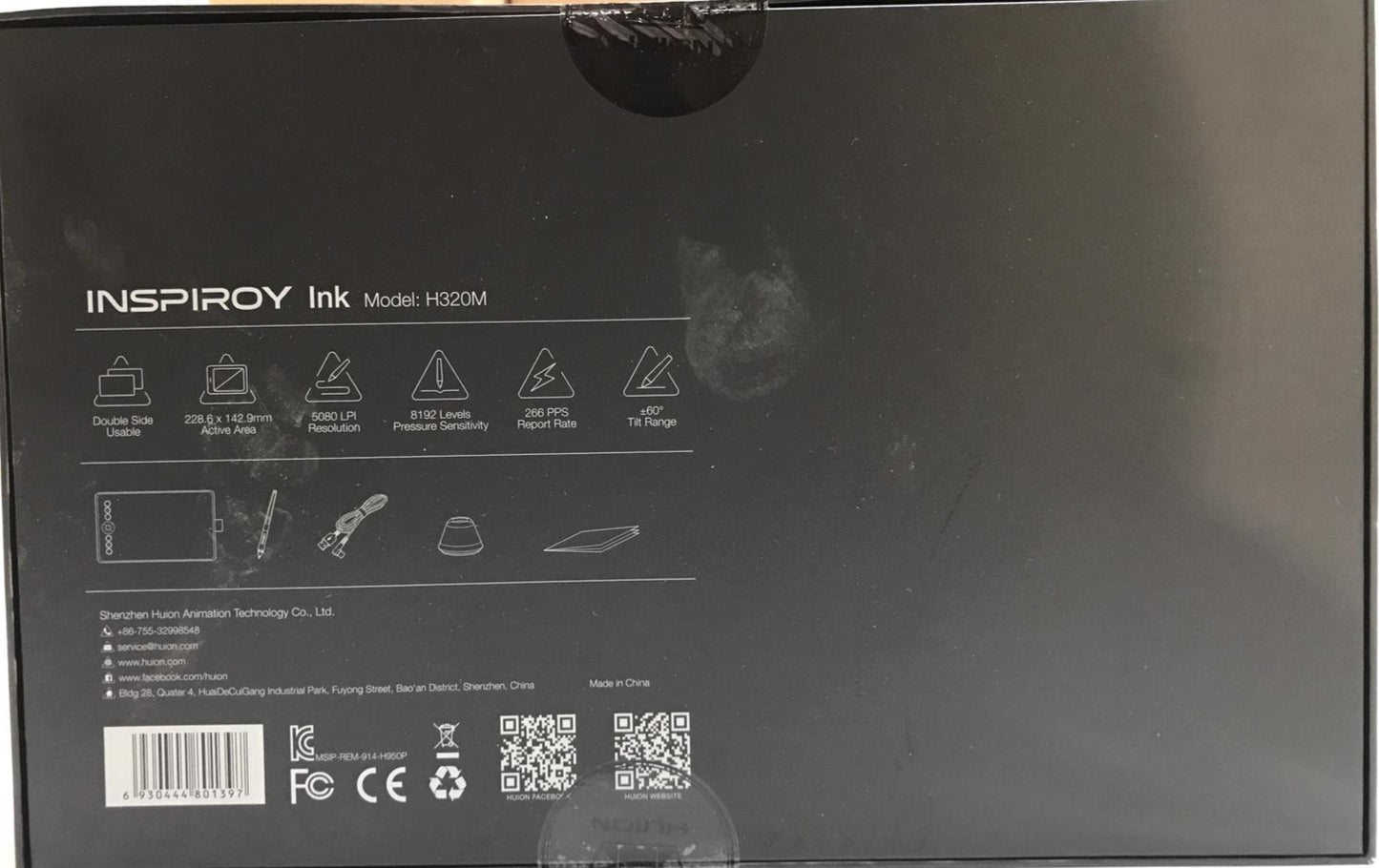 Huion Inspiroy Ink H320M Drawing Tablet, Model No.: H320M, Product Type: Drawing Tablet, Features: Dual-purpose LCD writing tablet, 8192 pressure levels, rechargeable battery, tilt function, support for Android, includes sleeve bag in black