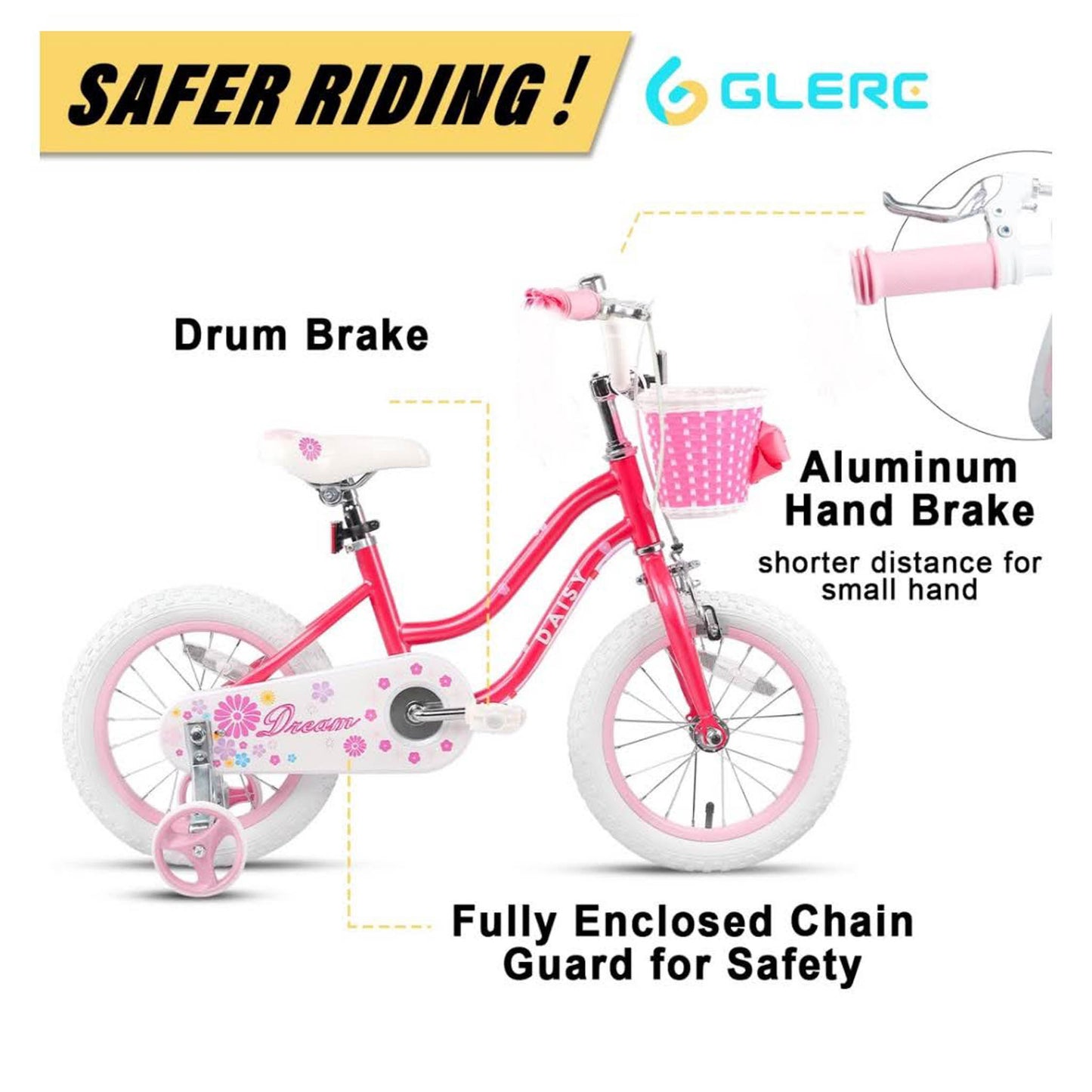 Glerc Daisy 14 Zoll Kinderfahrrad rot, für Mädchen 2-6 Jahre, mit Stützrädern, Korb und Luftschlangen