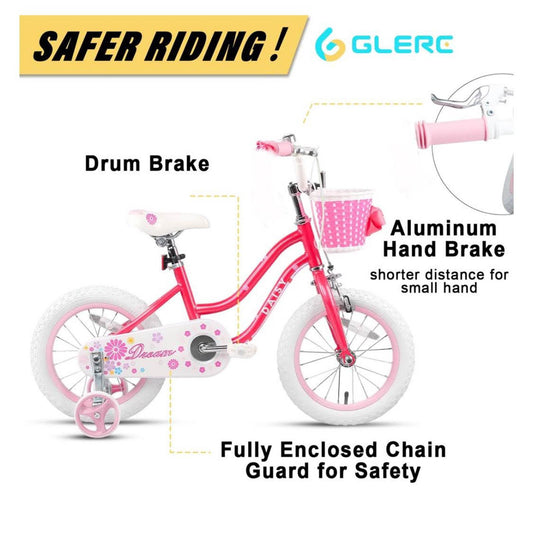 Glerc Daisy 14 Zoll Kinderfahrrad rot, für Mädchen 2-6 Jahre, mit Stützrädern, Korb und Luftschlangen