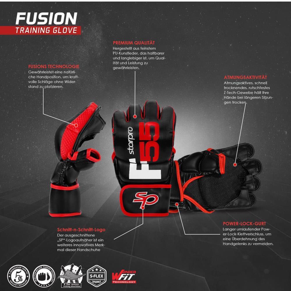 Starpro F55 Fusion Grappling Handschuhe S/M - Premium Synthetisches Cronos Leder Schwarz Rot - Professionelles Training MMA Sparring Kickboxen Boxsack Workouts Fitnessübungen Männer Frauen