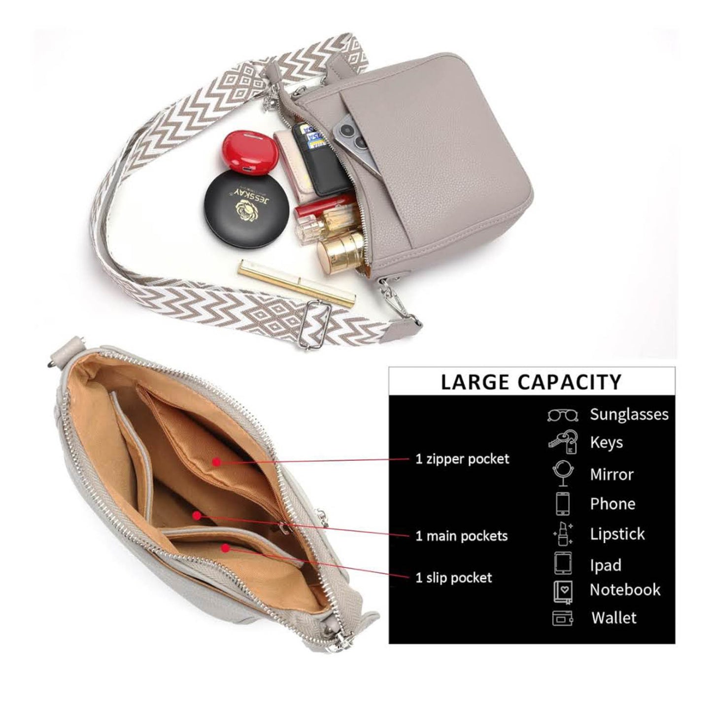 YISUOHOOM Handtasche Damen Mittelgroß Umhängetasche Grau, Crossbody Bag, mehrere Fächer