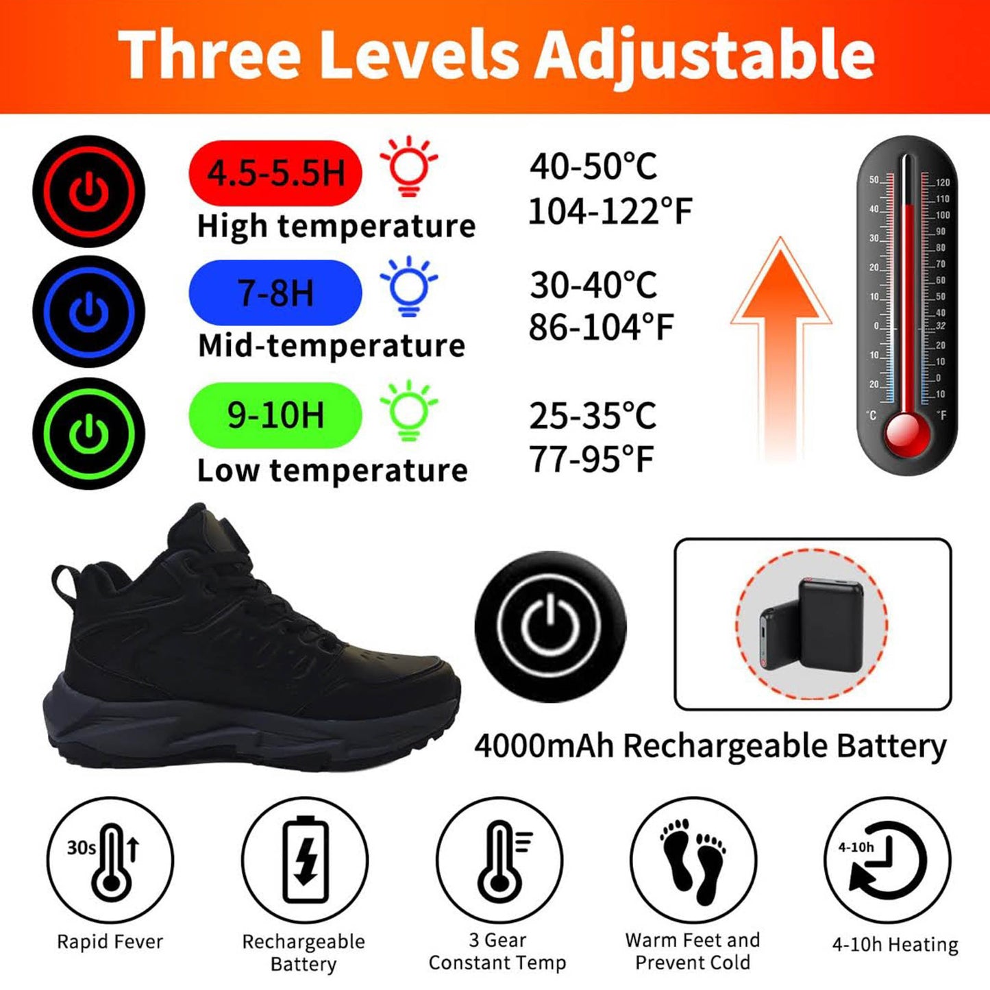 NBUABX Beheizte Schuhe (41), 4000mAh Akku, 3 Wärmeeinstellungen, elektrisch, ideal für Winter, Jagd, Skifahren, Camping, Reiten, schwarz.