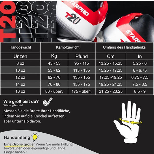 Starpro T20 Boxhandschuhe 12oz PU-Leder für Muay Thai Kickboxen Training und Sparring – für Männer und Frauen – in 8oz, 10oz, 12oz, 14oz, 16oz und mehreren Farben