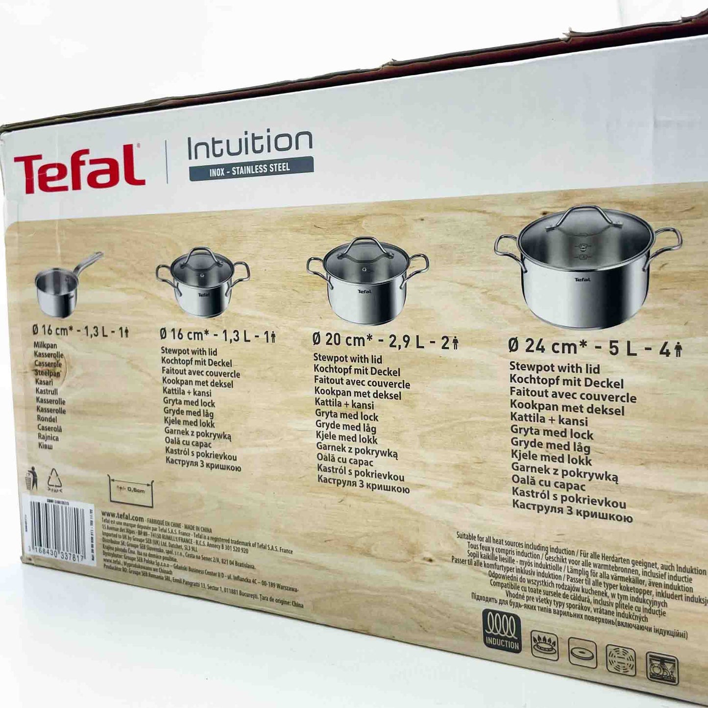 Tefal Intuition B864S734, 4-teiliges Kochset, 16 cm Stielkasserolle, 16/20/24 cm Töpfe, Premium Edelstahl, Induktionsgeeignet.