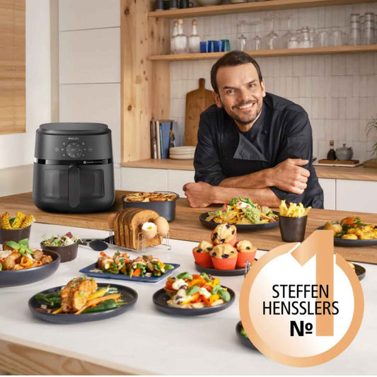 Philips Heißluftfritteuse NA220/00, 4.2 L, Schwarz, Teflonbeschichtet, RapidAir-Technologie, Sichtfenster, Spülmaschinenfeste Teile, 273mm B, 368mm T, 293mm H