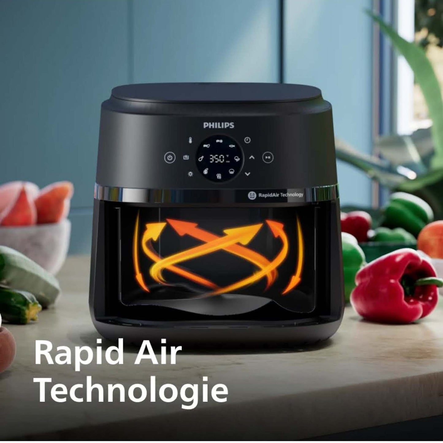 Philips Heißluftfritteuse NA220/00, 4.2 L, Schwarz, Teflonbeschichtet, RapidAir-Technologie, Sichtfenster, Spülmaschinenfeste Teile, 273mm B, 368mm T, 293mm H