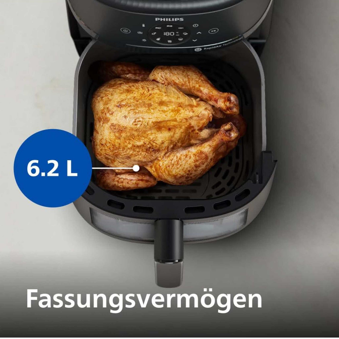 Philips Heißluftfritteuse NA220/00, 4.2 L, Schwarz, Teflonbeschichtet, RapidAir-Technologie, Sichtfenster, Spülmaschinenfeste Teile, 273mm B, 368mm T, 293mm H
