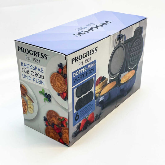PROGRESS Est. Doppel-Mini-Waffeleisen, Waffeleisen, 6 abnehmbare Antihaftplatten, kompakt, 1100W, leicht zu reinigen, blau.