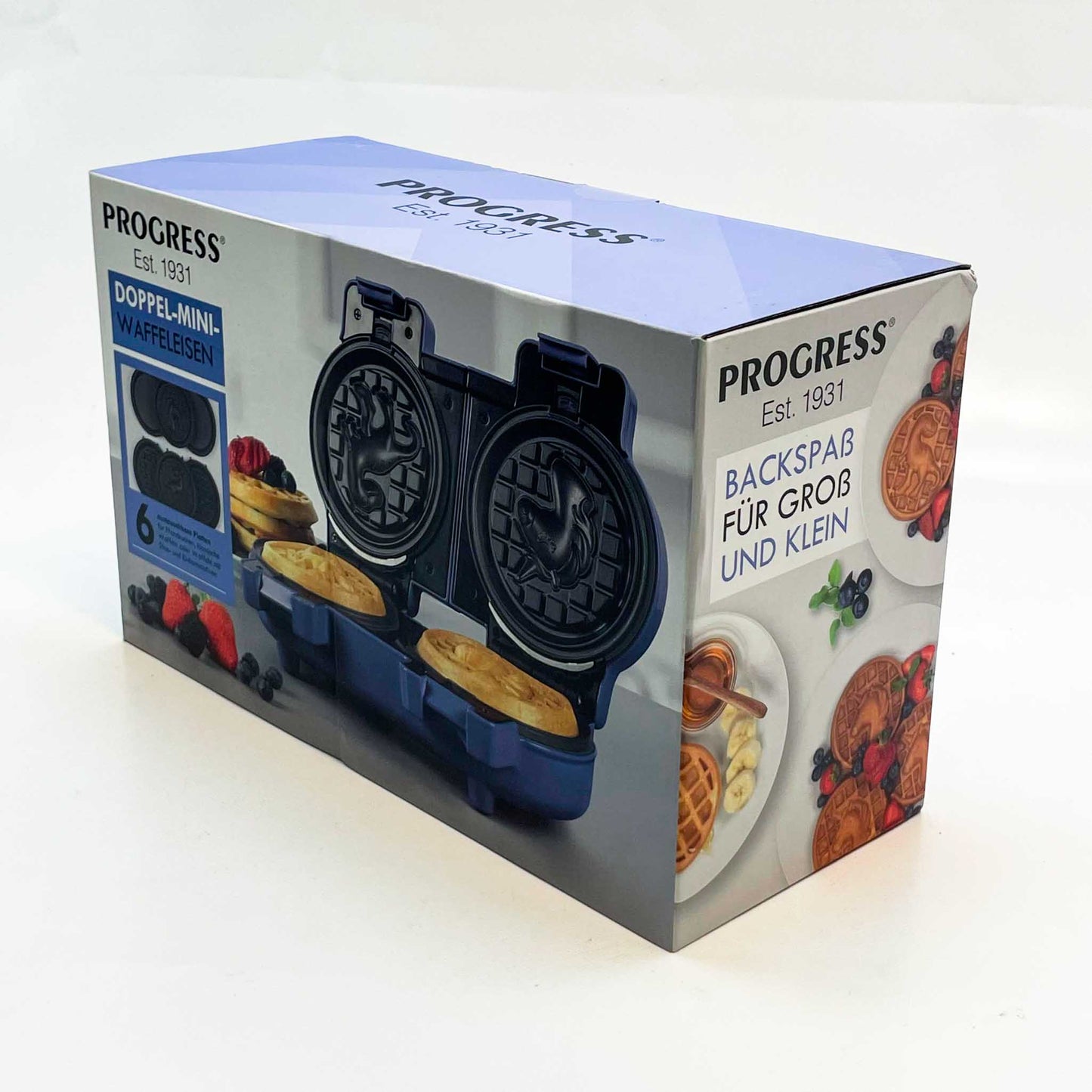 PROGRESS Est. Doppel-Mini-Waffeleisen, Waffeleisen, 6 abnehmbare Antihaftplatten, kompakt, 1100W, leicht zu reinigen, blau.