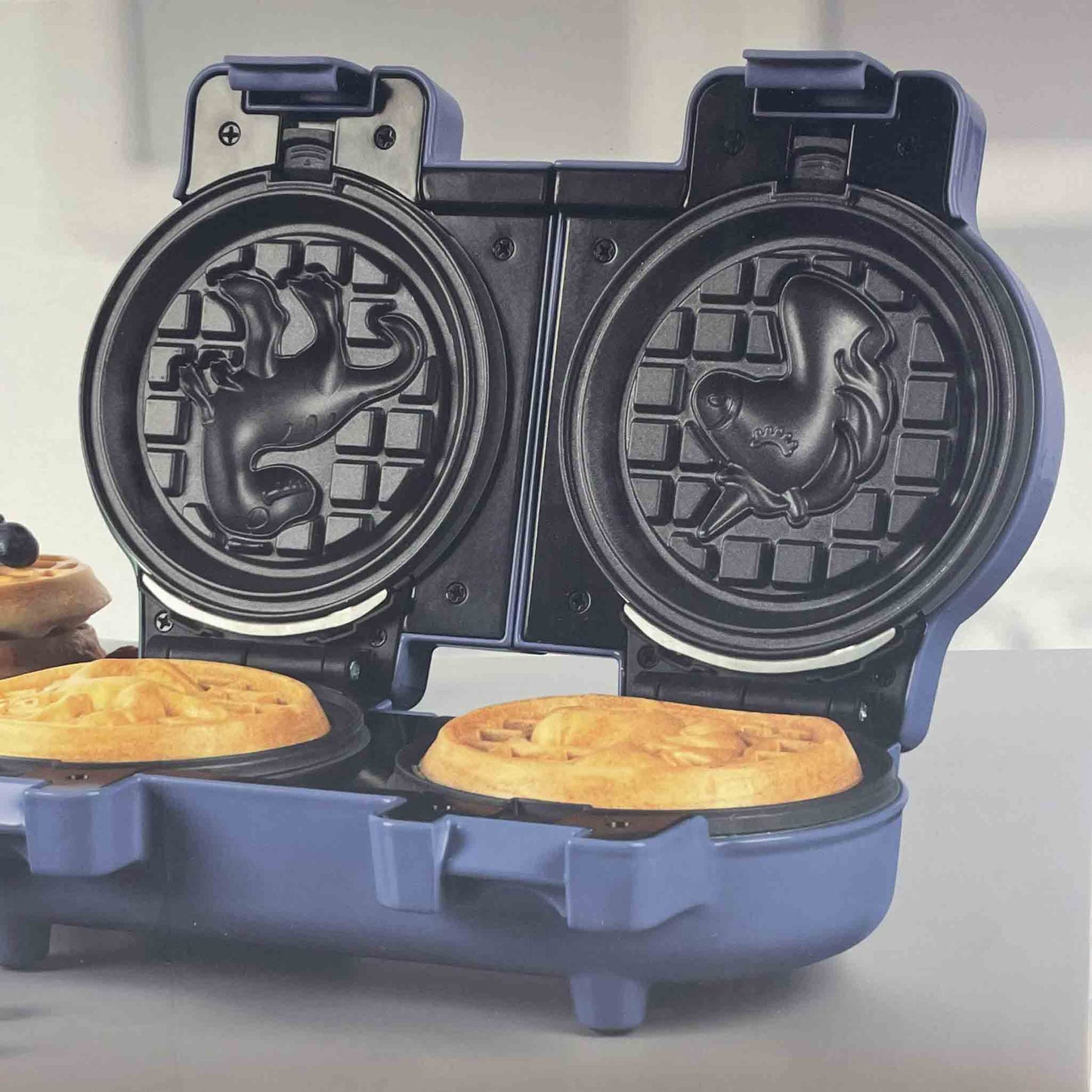 PROGRESS Est. Doppel-Mini-Waffeleisen, Waffeleisen, 6 abnehmbare Antihaftplatten, kompakt, 1100W, leicht zu reinigen, blau.