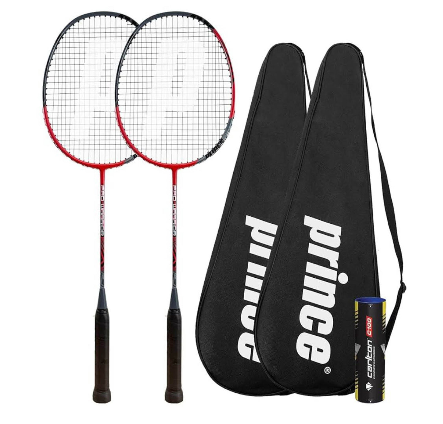 Prince Pro Warrior Badmintonschläger Twin Set: Graphit, inkl. Federbälle, schützende Taschen, ideal für Freizeitspieler.