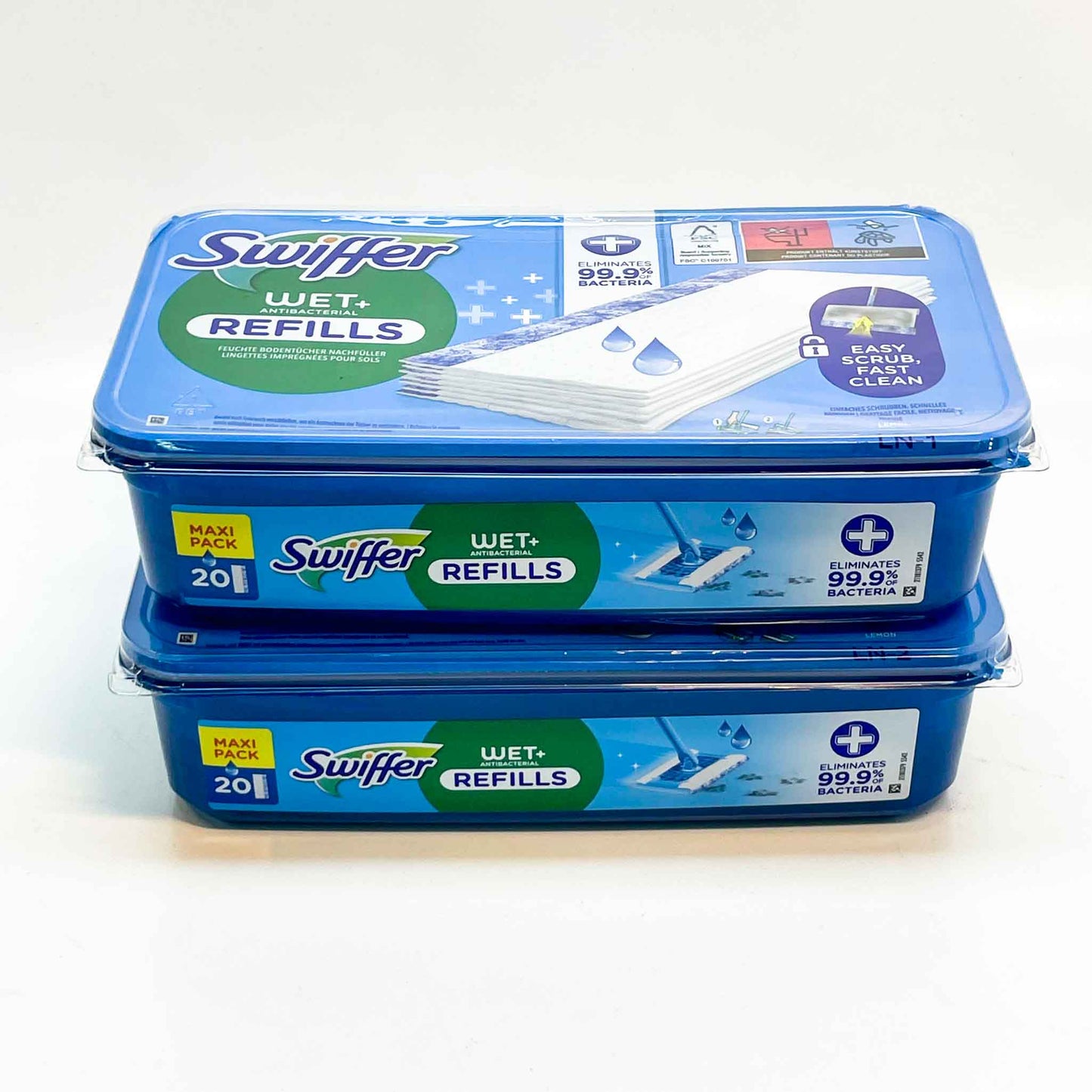 Swiffer Wet+ Antibakteriell, Nachfüllpack, feuchte Bodentücher, 2 x 20 Stück, effektiv gegen Bakterien, einfache Anwendung.