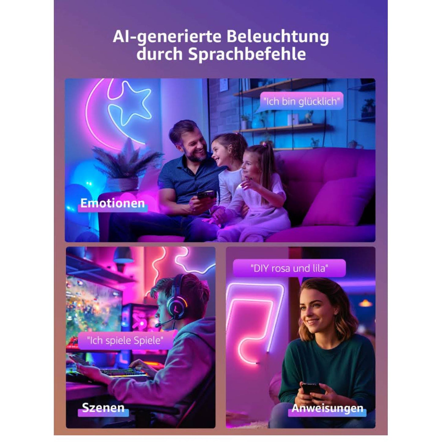 Lepro AI Neon LED Strip N1, 6m, LED Streifen, App-Steuerung, DIY Formen, Musik-Sync, Alexa & Google Assistant, ideal für Wohnzimmer & Partys.