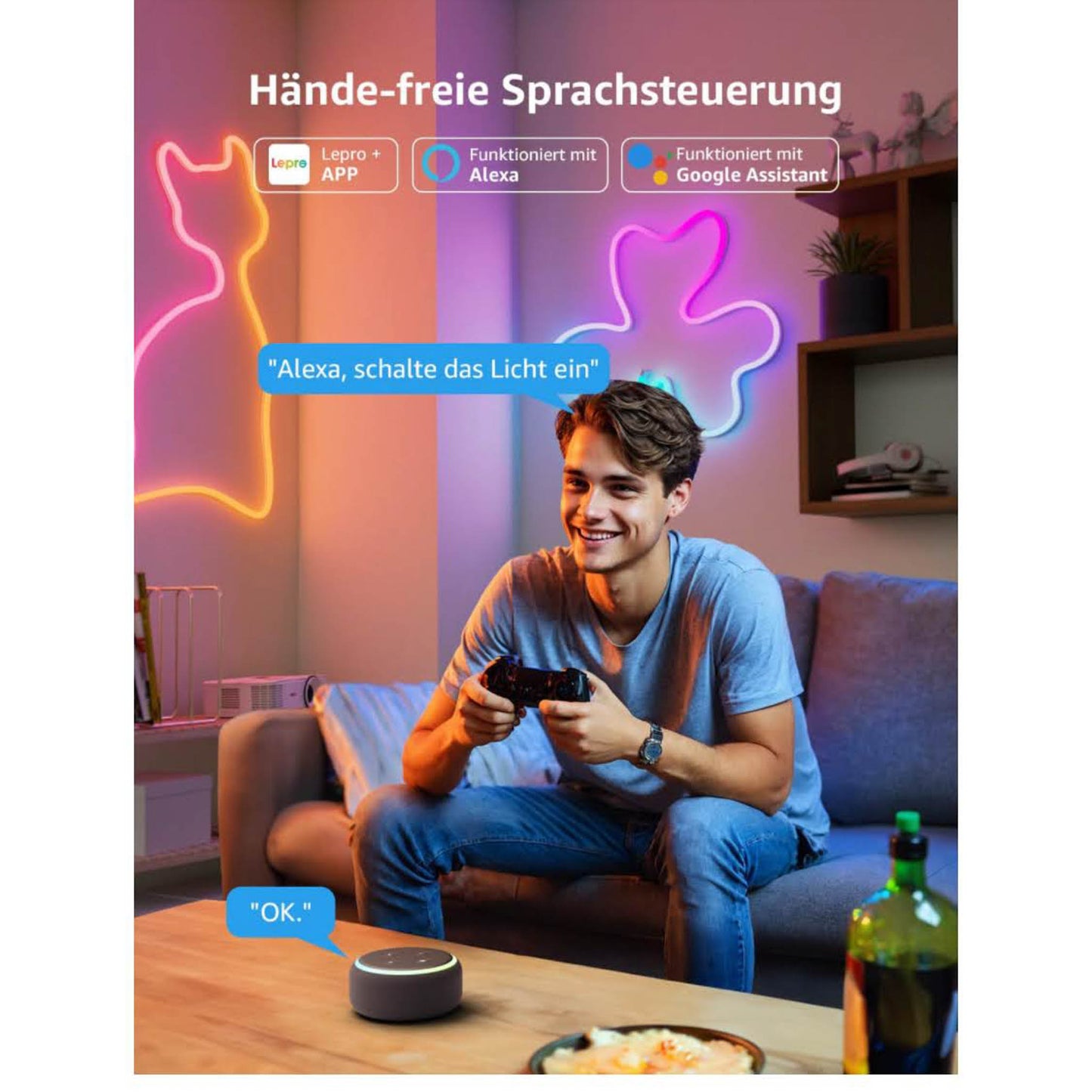 Lepro AI Neon LED Strip N1, 6m, LED Streifen, App-Steuerung, DIY Formen, Musik-Sync, Alexa & Google Assistant, ideal für Wohnzimmer & Partys.