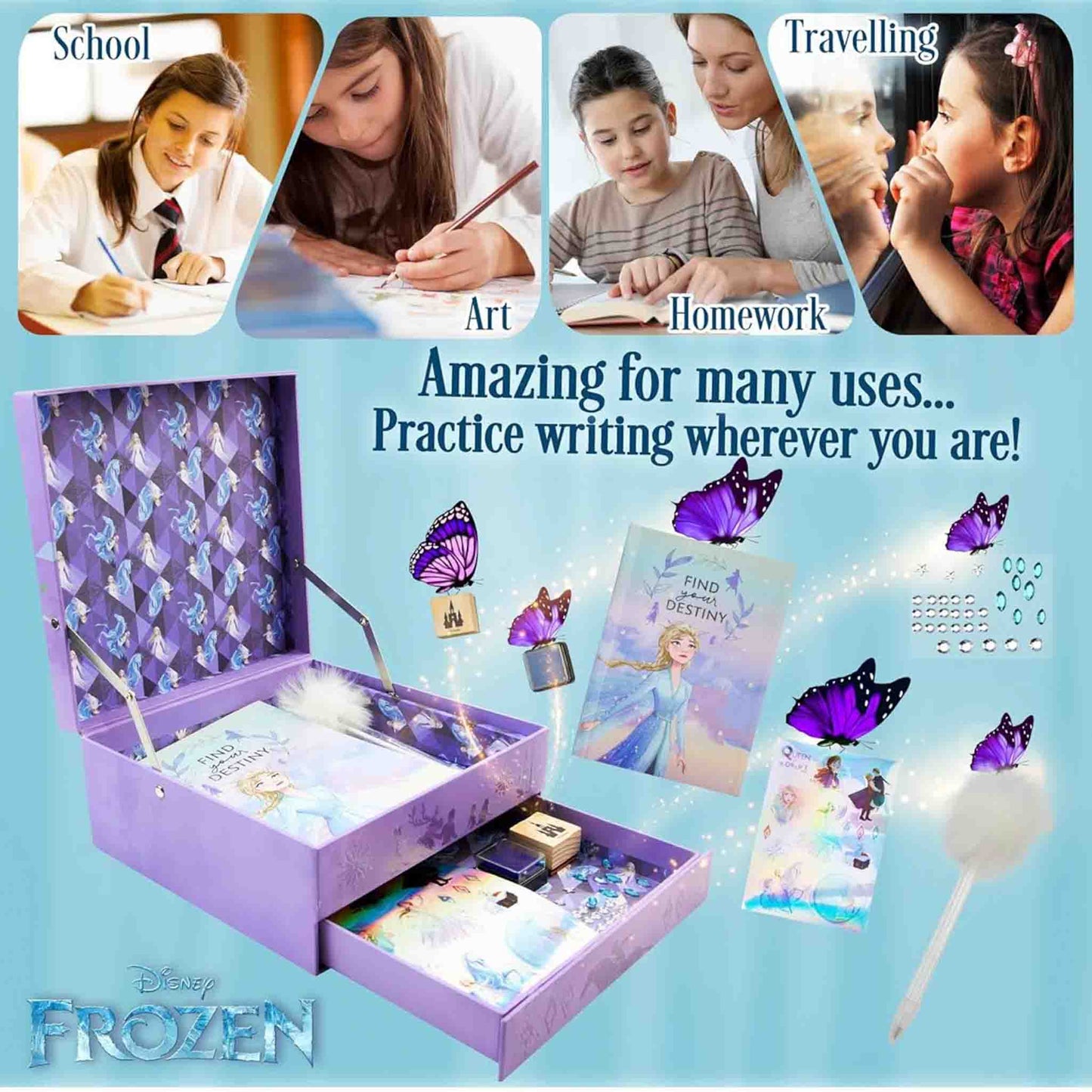 Disney Frozen Tagebuch Set, Notizbuch, Scrapbook Zubehör, lila, inkl. Stifte und Sticker, ideal für kreative Mädchen.