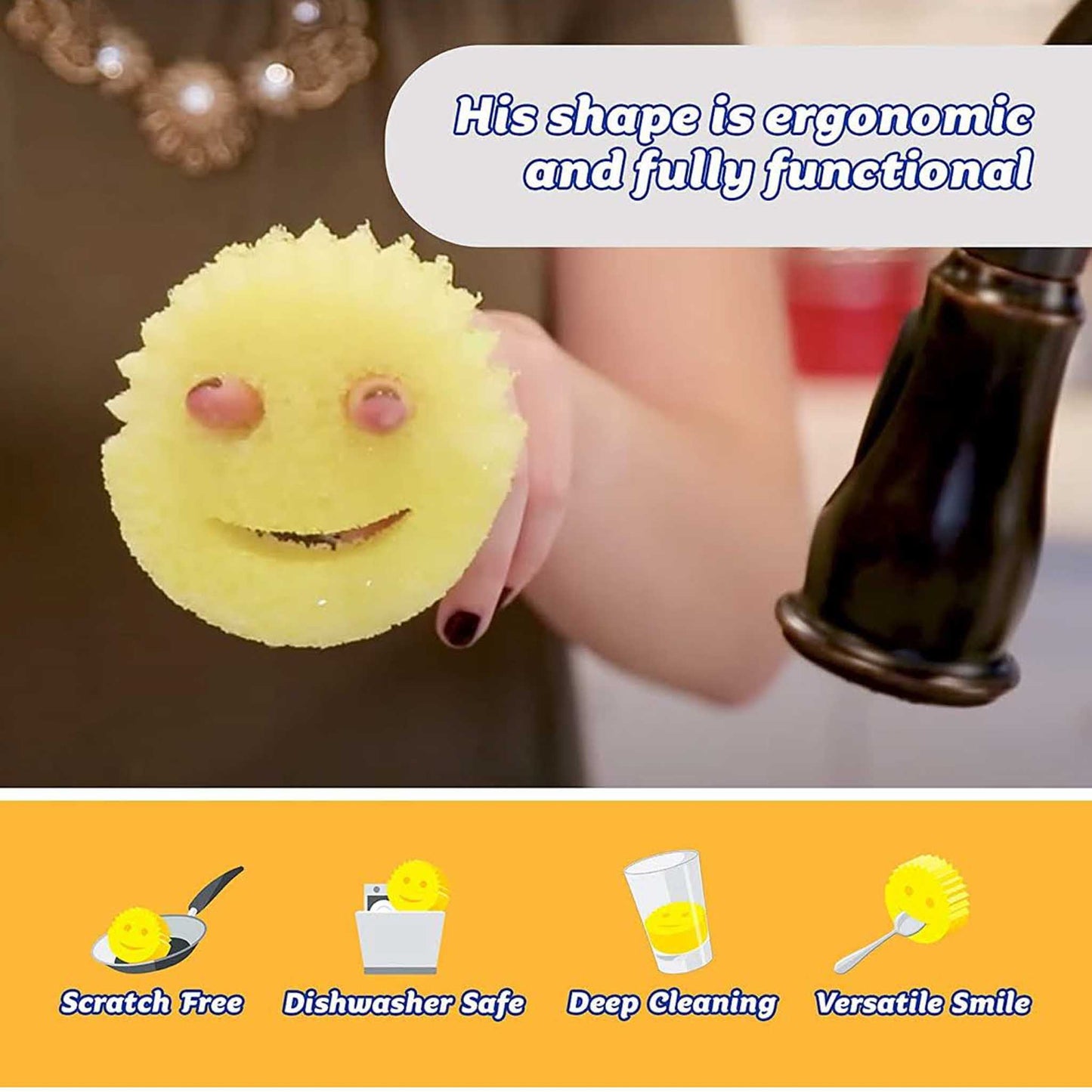 Scrub Daddy, Original, Haushaltsschwamm, gelb, vielseitig, langlebig, reinigt effektiv, wechselt zwischen hart und weich.