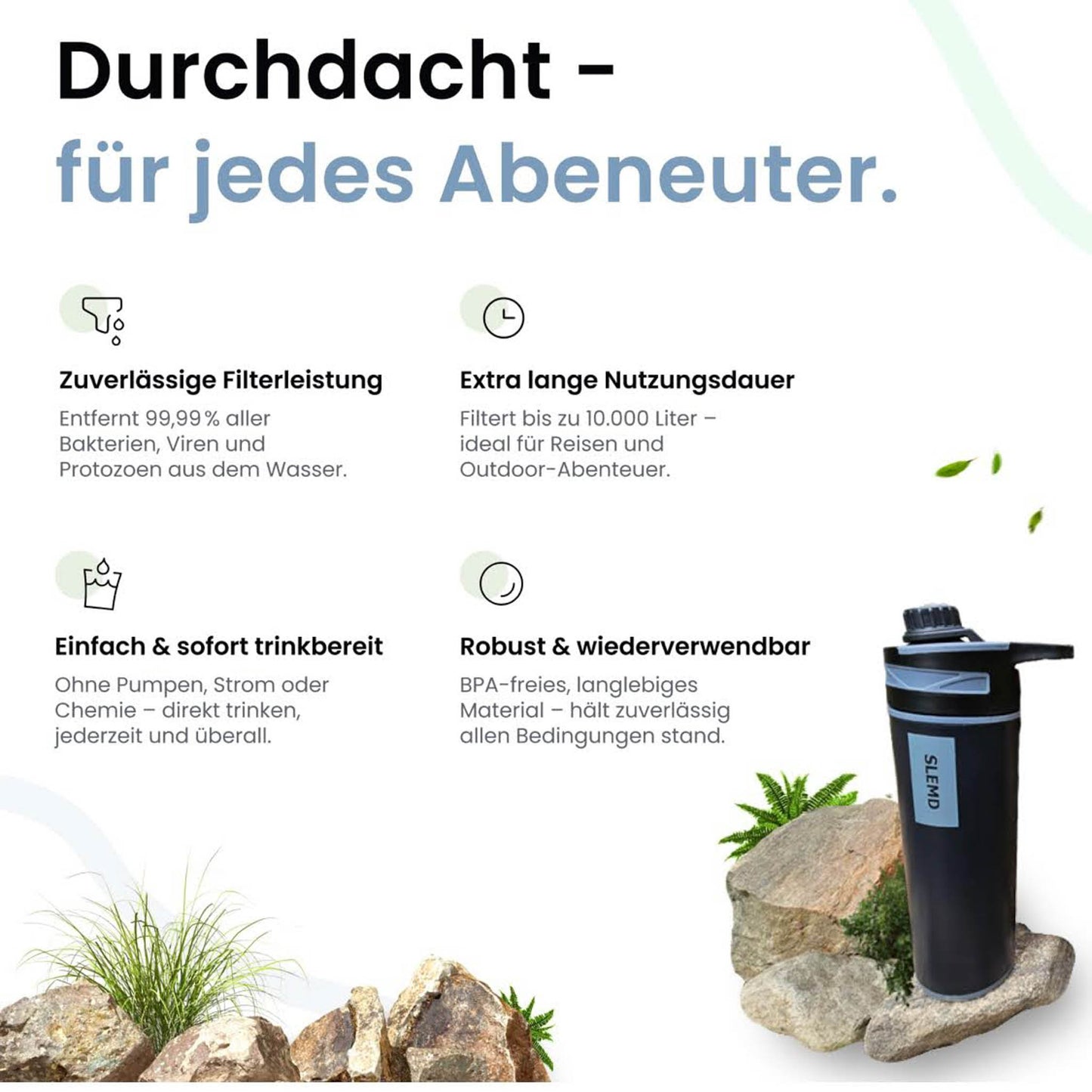 SLEMD® Outdoor Wasserfilter Trinkflasche 800ml; Wasseraufbereitung; filtert Bakterien, Viren, Partikel, Schwermetalle.