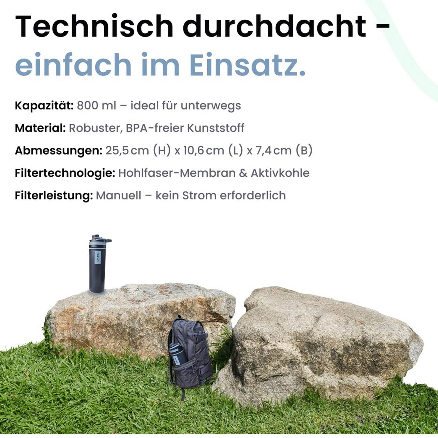 SLEMD® Outdoor Wasserfilter Trinkflasche 800ml; Wasseraufbereitung; filtert Bakterien, Viren, Partikel, Schwermetalle.