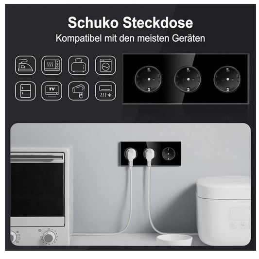 PANGTZEEN Schuko Steckdose, 3 Fach, Dreifach Wandsteckdose, Gehärtetes Glas, 16A, Schwarz, für Wohnzimmer, Schlafzimmer, Büro.