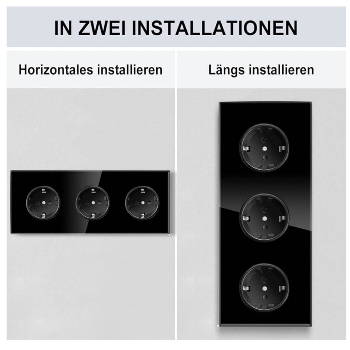 PANGTZEEN Schuko Steckdose, 3 Fach, Dreifach Wandsteckdose, Gehärtetes Glas, 16A, Schwarz, für Wohnzimmer, Schlafzimmer, Büro.