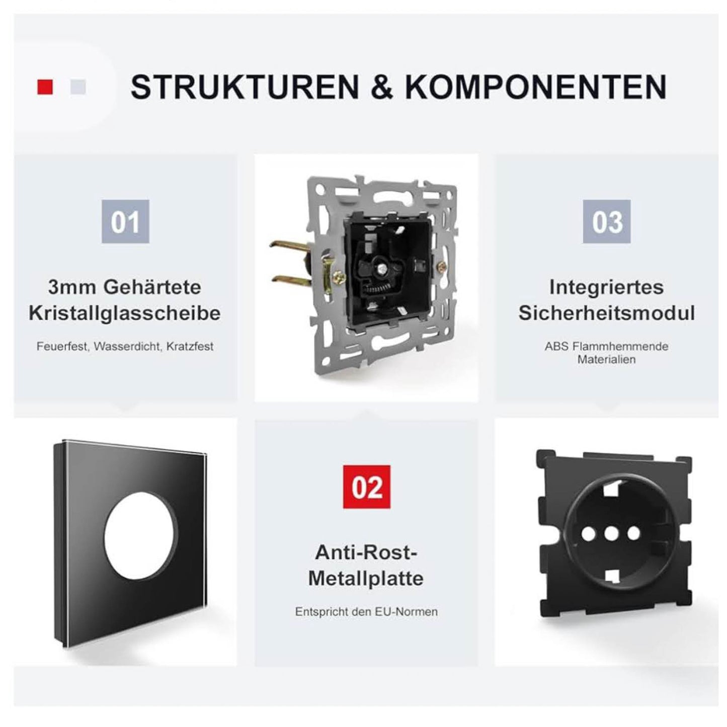 PANGTZEEN Schuko Steckdose, 3 Fach, Dreifach Wandsteckdose, Gehärtetes Glas, 16A, Schwarz, für Wohnzimmer, Schlafzimmer, Büro.