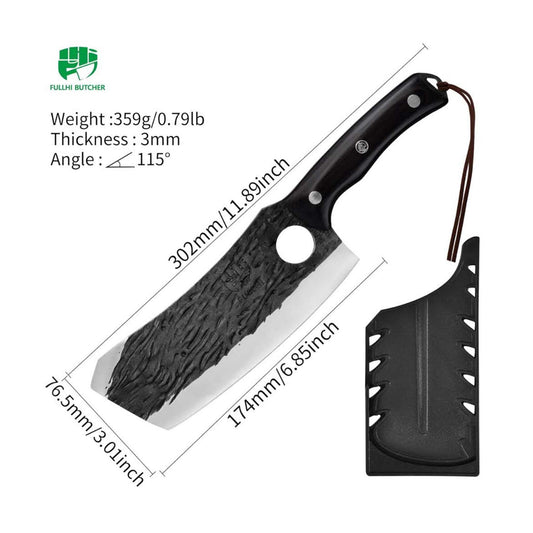 Fullhi Metzgermesser, Kochmesser, 29,3 cm, Kohlenstoffstahl, schwarz, ideal für Camping und Gemüse.