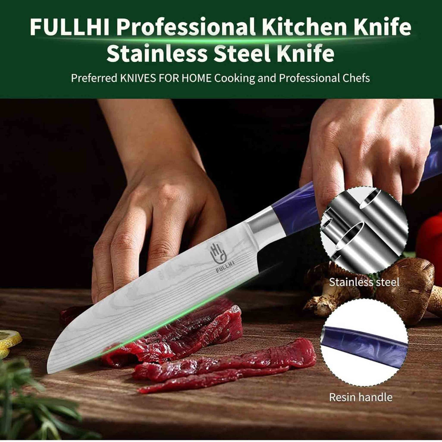 Fullhi Santoku Messer, 5-Zoll, Küchenmesser, mehrfarbig, Edelstahl, mit lila Harzgriff und Schutzabdeckung.