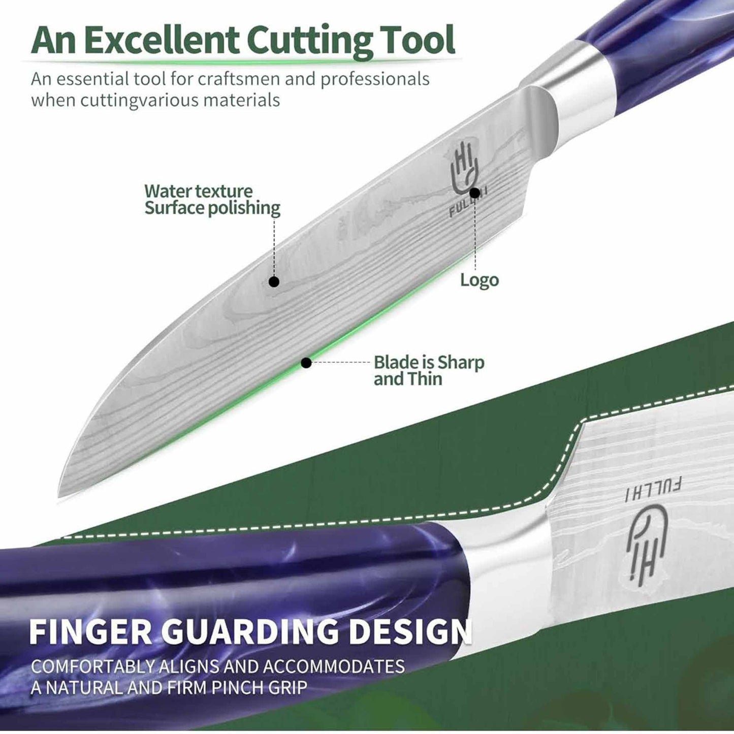 Fullhi Santoku Messer, 5-Zoll, Küchenmesser, mehrfarbig, Edelstahl, mit lila Harzgriff und Schutzabdeckung.