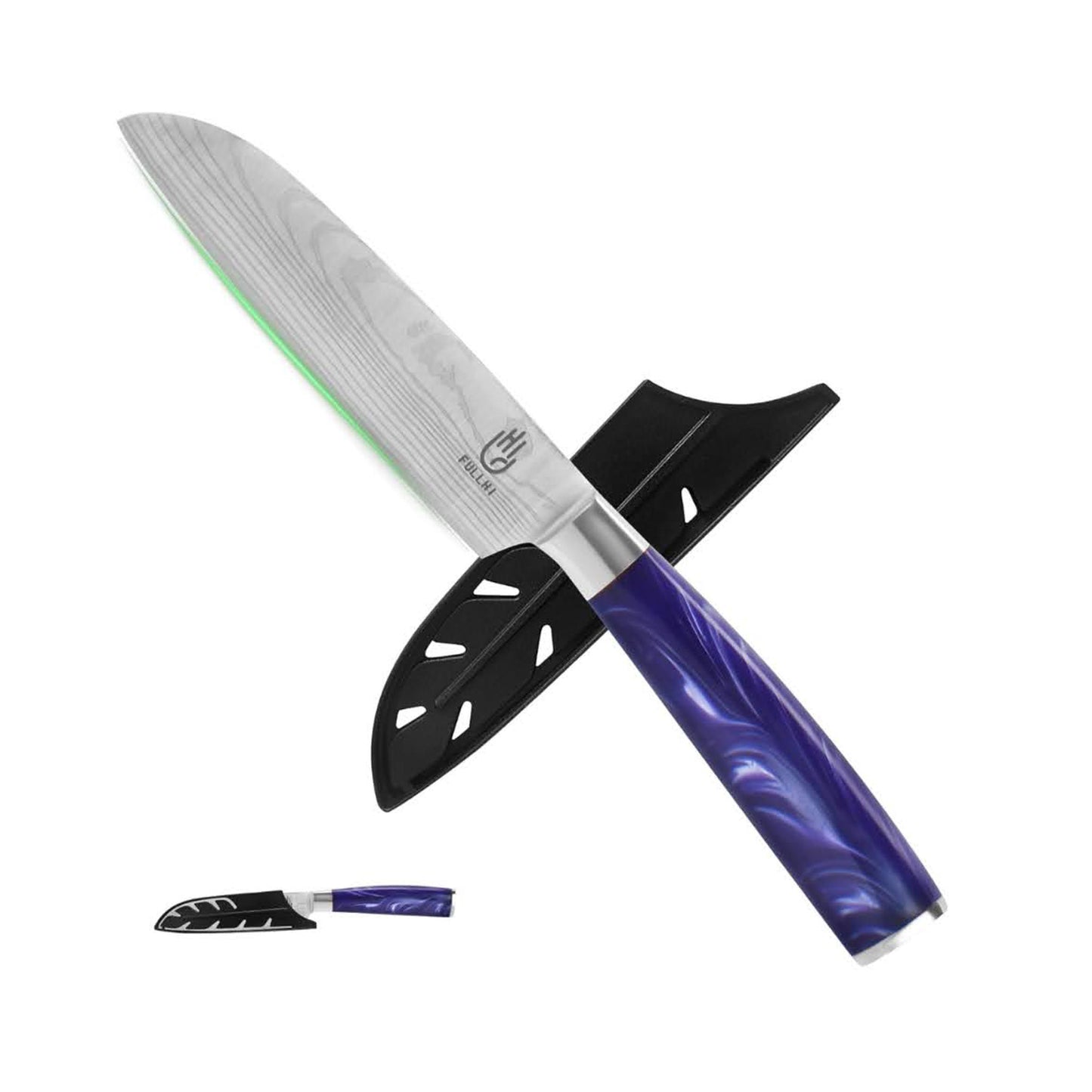 Fullhi Santoku Messer, 5-Zoll, Küchenmesser, mehrfarbig, Edelstahl, mit lila Harzgriff und Schutzabdeckung.