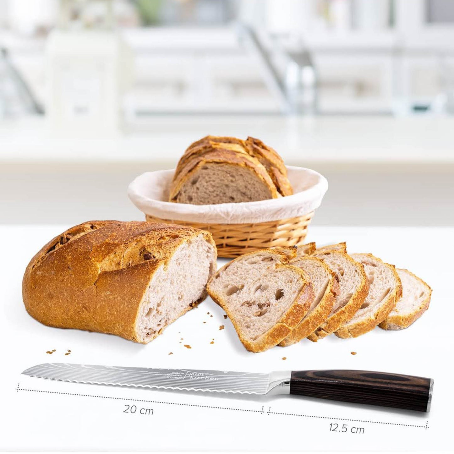 Fullhi Brotmesser, 8 Zoll, mehrfarbig, Japanisches Küchenmesser, Edelstahl, 2-teiliges Gehäuse, inkl. Wache (Holzkaffee).