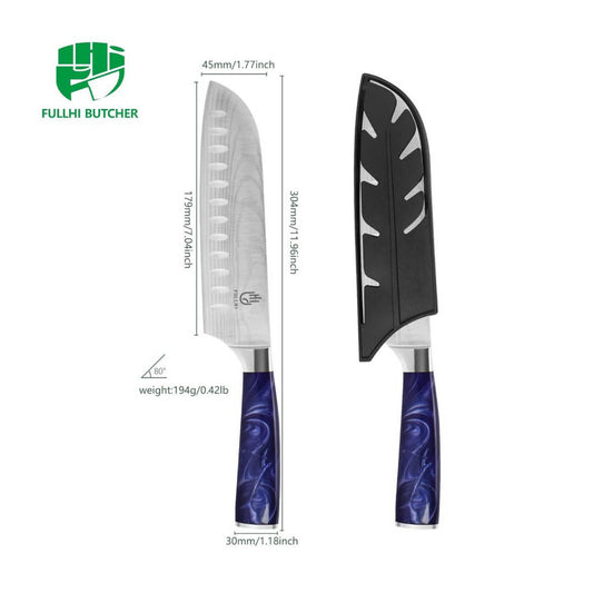 Fullhi Santoku-Messer, 7 Zoll, japanisches Küchenmesser, Edelstahl, ideal für Sushi, mit lila Harz-Gehäuse.