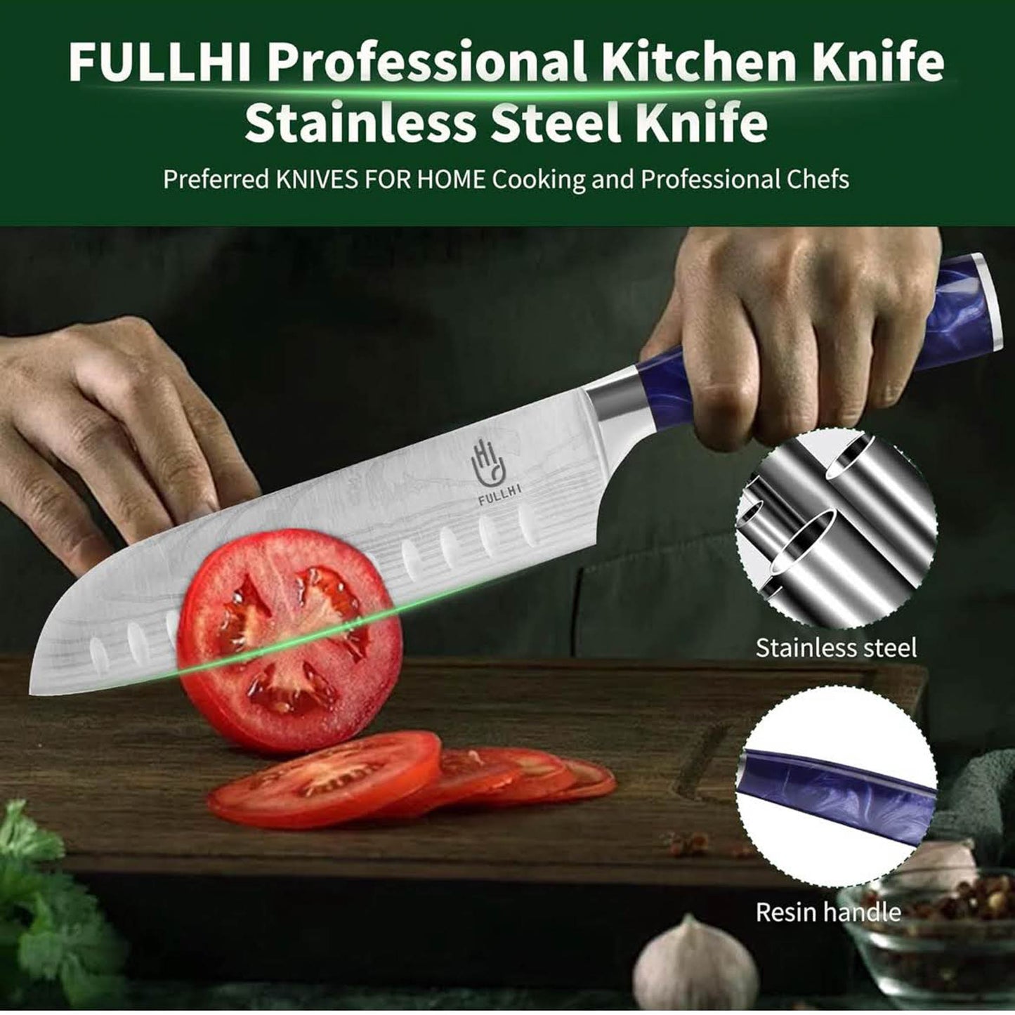 Fullhi Santoku-Messer, 7 Zoll, japanisches Küchenmesser, Edelstahl, ideal für Sushi, mit lila Harz-Gehäuse.