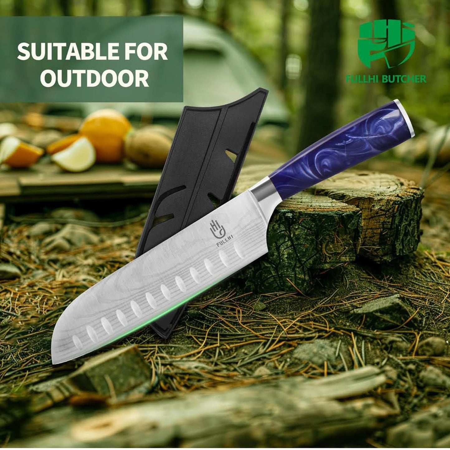 Fullhi Santoku-Messer, 7 Zoll, japanisches Küchenmesser, Edelstahl, ideal für Sushi, mit lila Harz-Gehäuse.